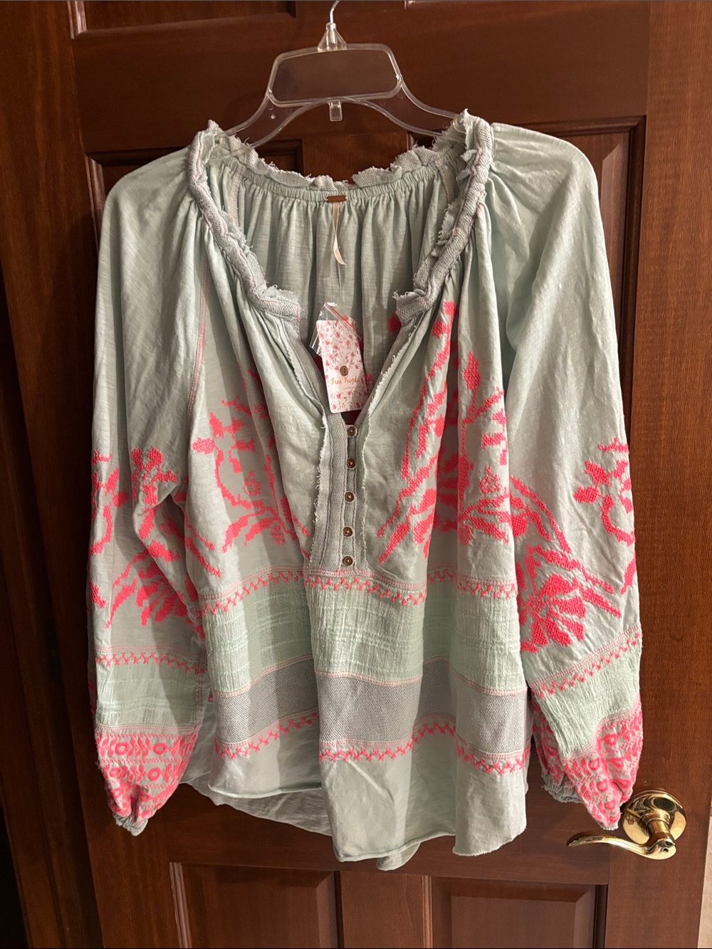 Women’s Embroidered Peasant Blouse - Mint with Coral Pink Accents